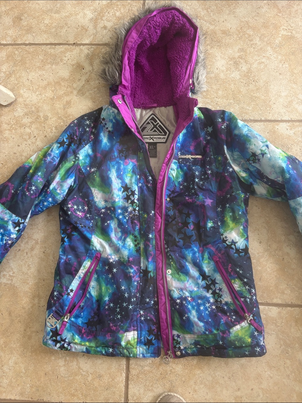 ZeroXposure girls galaxy puffer winter jacket XL14–16 with faux fur hood